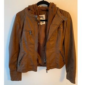 Faux Leather Jacket w/ Attached Hoodie